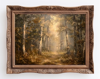 Forest Sunrise Painting: Vintage Moody Landscape Art (Printable)