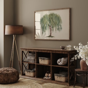 Countryside wall art depicting a stately willow tree, a current trending piece for tree poster collectors.