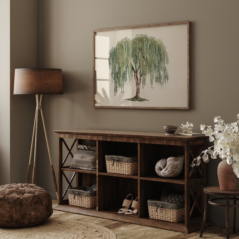 Countryside wall art depicting a stately willow tree, a current trending piece for tree poster collectors.