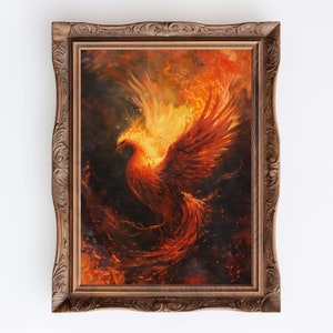 Phénix | Poster peinture à l'huile oiseau phénix, art mural sorcière tendance