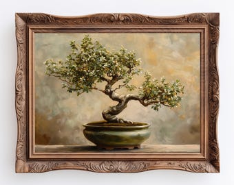 Bonsai | Light Academia Moody Nature Print, Vintage Bonsai Tree Oil Painting Art
