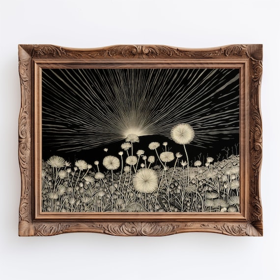 Dancing Dandelions | Linocut Dandelion, Coquette Room Decor, Monochrome Art