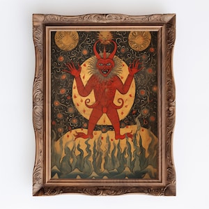 May include: A framed painting of a red demon with horns and a long tail, standing in a fiery landscape. The demon is surrounded by stars and other celestial bodies. The painting is in a dark wooden frame.