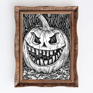 Halloween Jack-o&#39;-lantern Linocut Print: Spooky Vintage Decor (Digital Download)