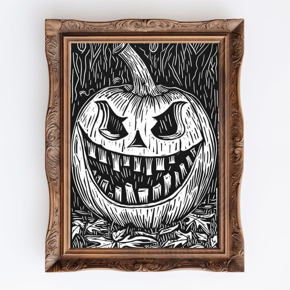 Halloween Jack-o'-lantern Linocut Print: Spooky Vintage Decor