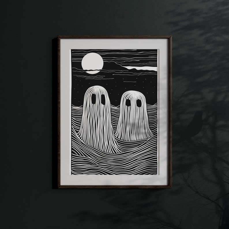 Ghost Fellas | Whimsical Ghost Linocut Print, Vintage Spooky Halloween ...