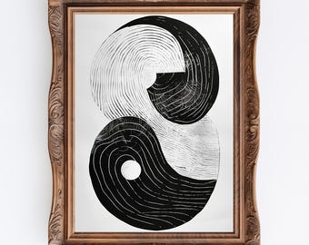 Yin Yang | Meditation Room Decor Print, Vintage Zen Linocut Print Wall Art