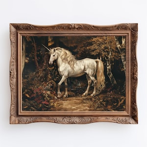 Forest Unicorn | Vintage Whimsical Art Pint, Fairytale Aesthetic Unicorn Coquette Room Decor