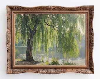 Green Willow | Large Impressionist Willow Tree, Green Academia Lake House Decor, Scenic Landscape Painting