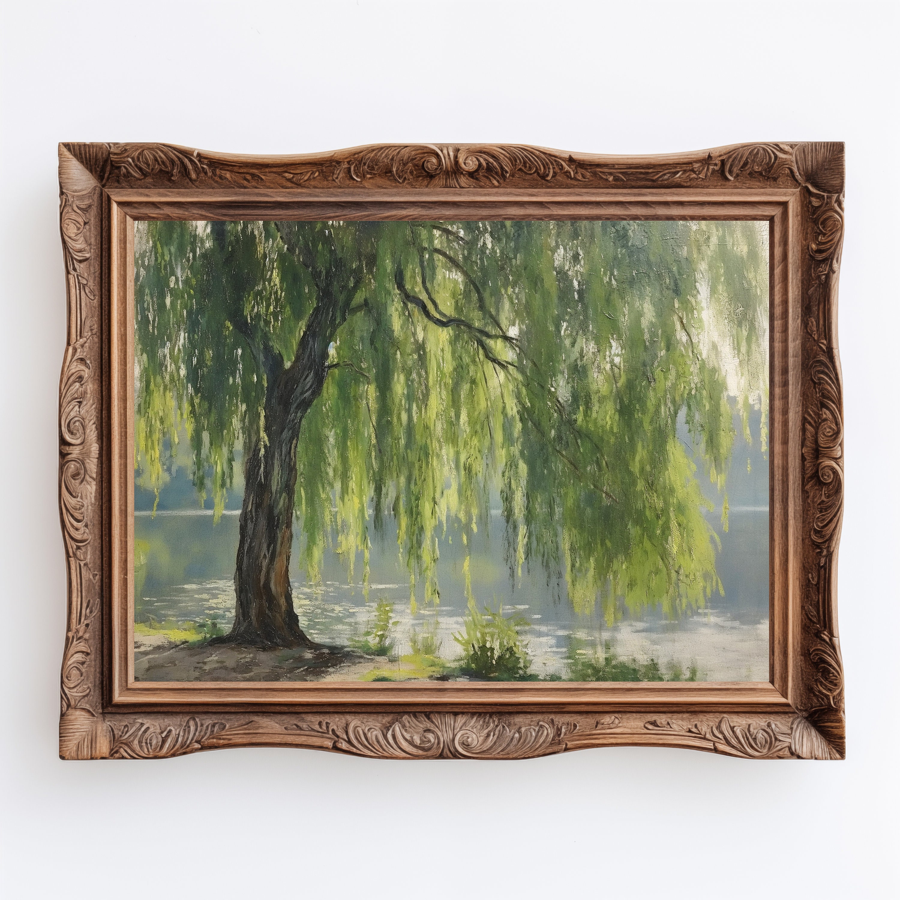 Green Willow Tree Painting: Impressionist Lake House Art (digital