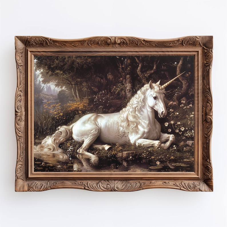 Silver unicorn print, a majestic addition to coquette room decor, embodying the spirit of dark coquette aesthetics.