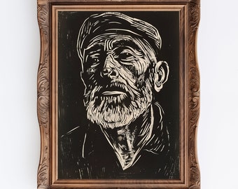 May include: A black and white woodcut print of a man with a beard and a cap. The man is looking up and has a serious expression on his face. The print is framed in a dark wood frame.