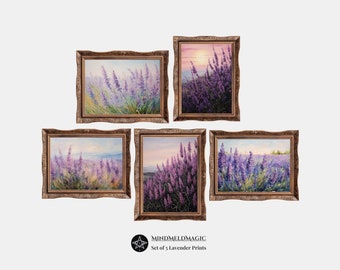 May include: Set of five framed prints featuring lavender fields in various shades of purple, with a sunset sky in the background. The frames are ornate and gold in color. The text "MINDMELDMAGIC Set of 5 Lavender Prints" is at the bottom of the image.