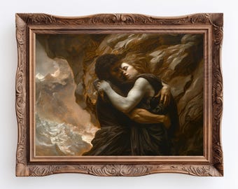 La muerte de Eurídice / Lámina artística clásica de la Academia Oscura, mitología griega antigua, pintura al óleo de Orfeo y Eurídice