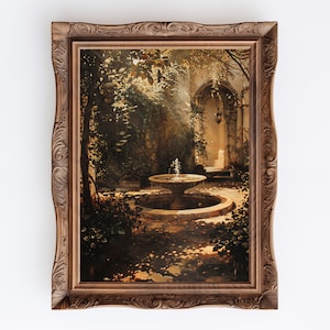Antique Garden: A Victorian-inspired water fountain nestled in an abundance of green, a perfect goblincore decor addition.