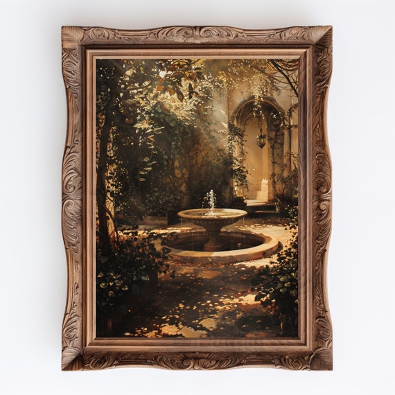 Victorian Garden Fountain Print: Botanical Goblincore Wall Art (Digital Download)