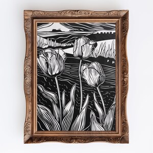 Tulips | Folkloric Woodcut Print, Dark Academia Botanical Room Decor