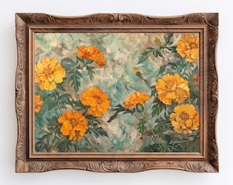 Estampado vintage de flores naranjas de caléndula/cottagecore, estampado clásico de flores de Acadenia verde
