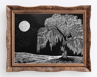 Grabado en linóleo de Sauce Nocturno: Arte Botánico Nocturno (Descarga digital)