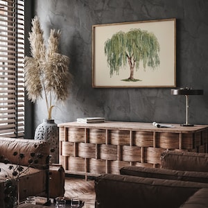 Goblincore decor wall art featuring a majestic willow tree, for those who favor large yet ethereal nature scenes.