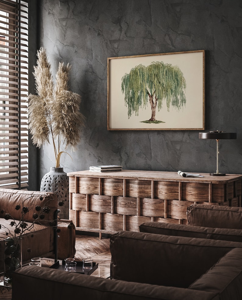 Goblincore decor wall art featuring a majestic willow tree, for those who favor large yet ethereal nature scenes.