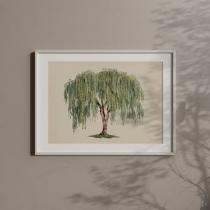 Majestic willow, captured in a large wall art piece, perfect for incorporating a touch of green academia into spacious interiors.