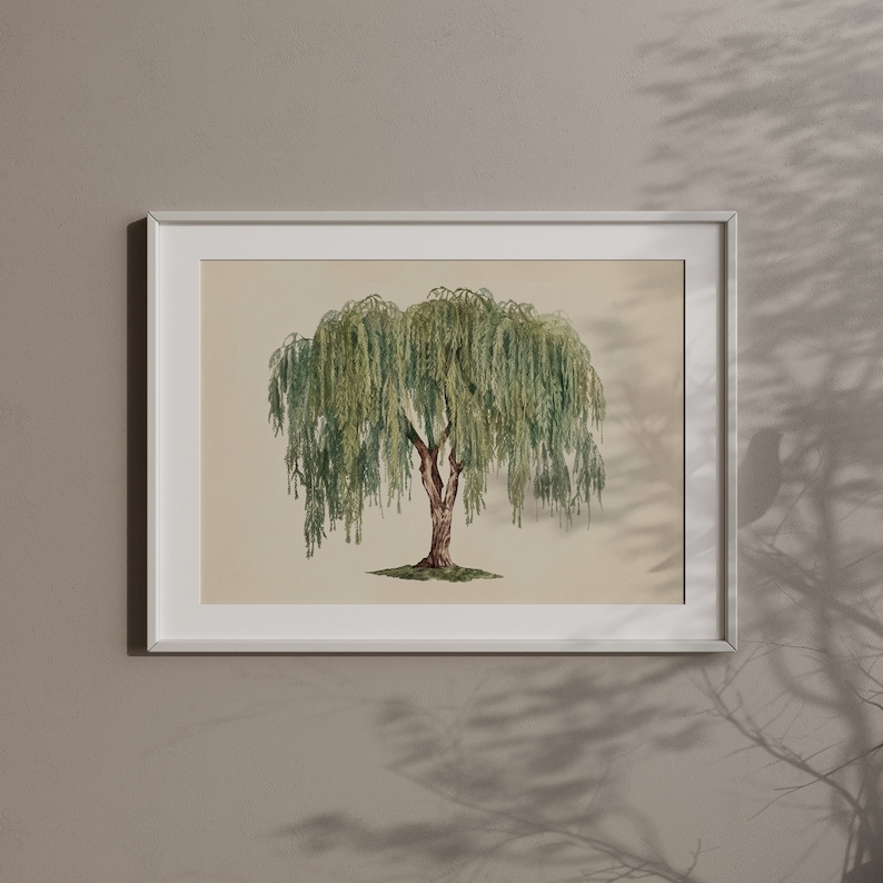 Majestic willow, captured in a large wall art piece, perfect for incorporating a touch of green academia into spacious interiors.