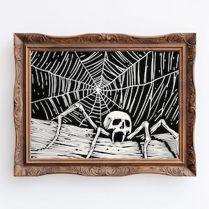 Death Spider | Halloween Spider Wall Art Decor, Gothic Scary Skull Linocut Print