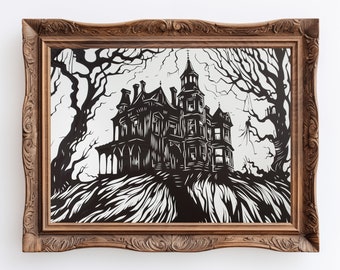 Spökherrgård | Linoleumsnitt med vintage-motiv, spökhus, gotisk Halloween-väggkonst