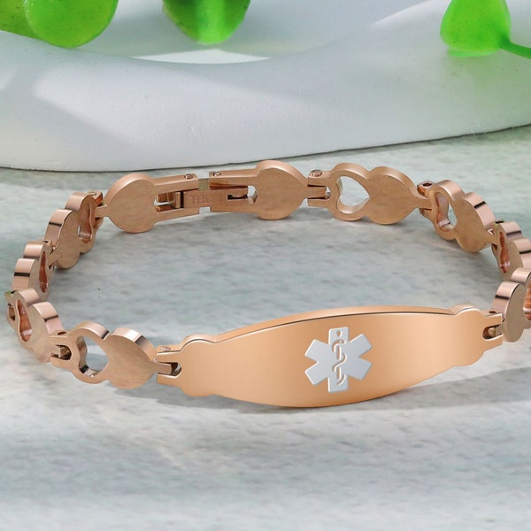 Custom Text Medical Bracelet - Rose Gold Plated Stainless Steel