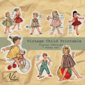 7 Fussy Cut, crianças na praia Vintage, lote infantil para embelezamento digital, para impressão, coisas efêmeras, ingressos, sucata, coisas efêmeras