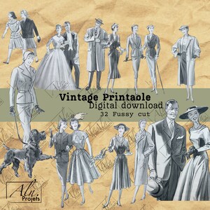 32 Fashion Illustrations from the 1955s, FUSSY CUT, Character Pack for Digital Embellishment, Printable, Ephemera, Tickets, Scrap