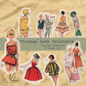 8 femmes  Vintage, FUSSY CUT, Lot de ladys pour embellissement digital, imprimable, Cameo Ephemera, tickets, Scrap, ephemera