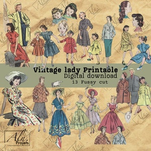 Femmes Vintage, 13 FUSSY CUT, Lot mode 1950 pour embellissement digital, imprimable, Ephemera, tickets, Scrap, à imprimer