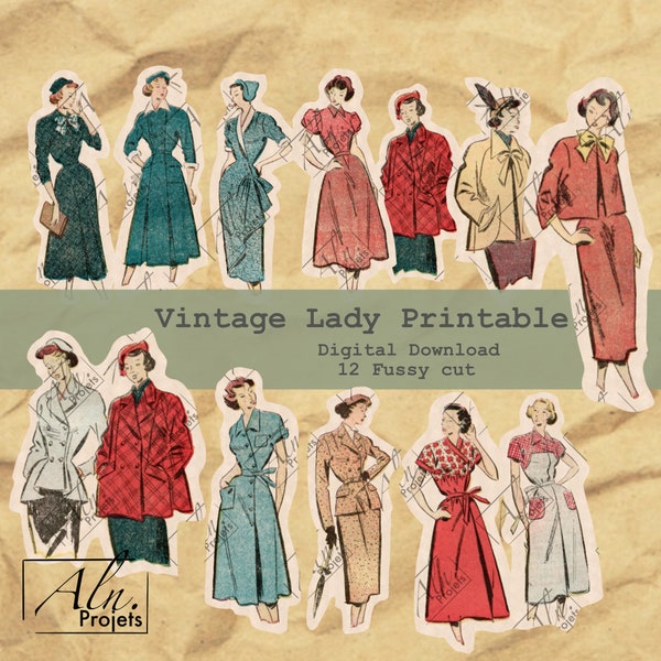 Femmes  Vintage, 12 FUSSY CUT, Lot de ladys pour embellissement digital, imprimable, Cameo Ephemera, tickets, Scrap, ephemera