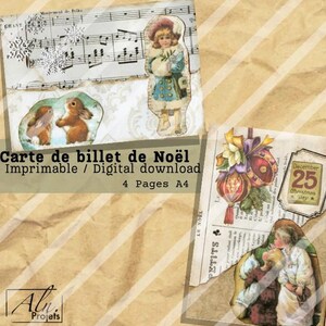 Carte cadeau de Noël digital à télécharger a créer soit même, DIY, Porte billet, illustrations vintage, embellissement, imprimer et découper