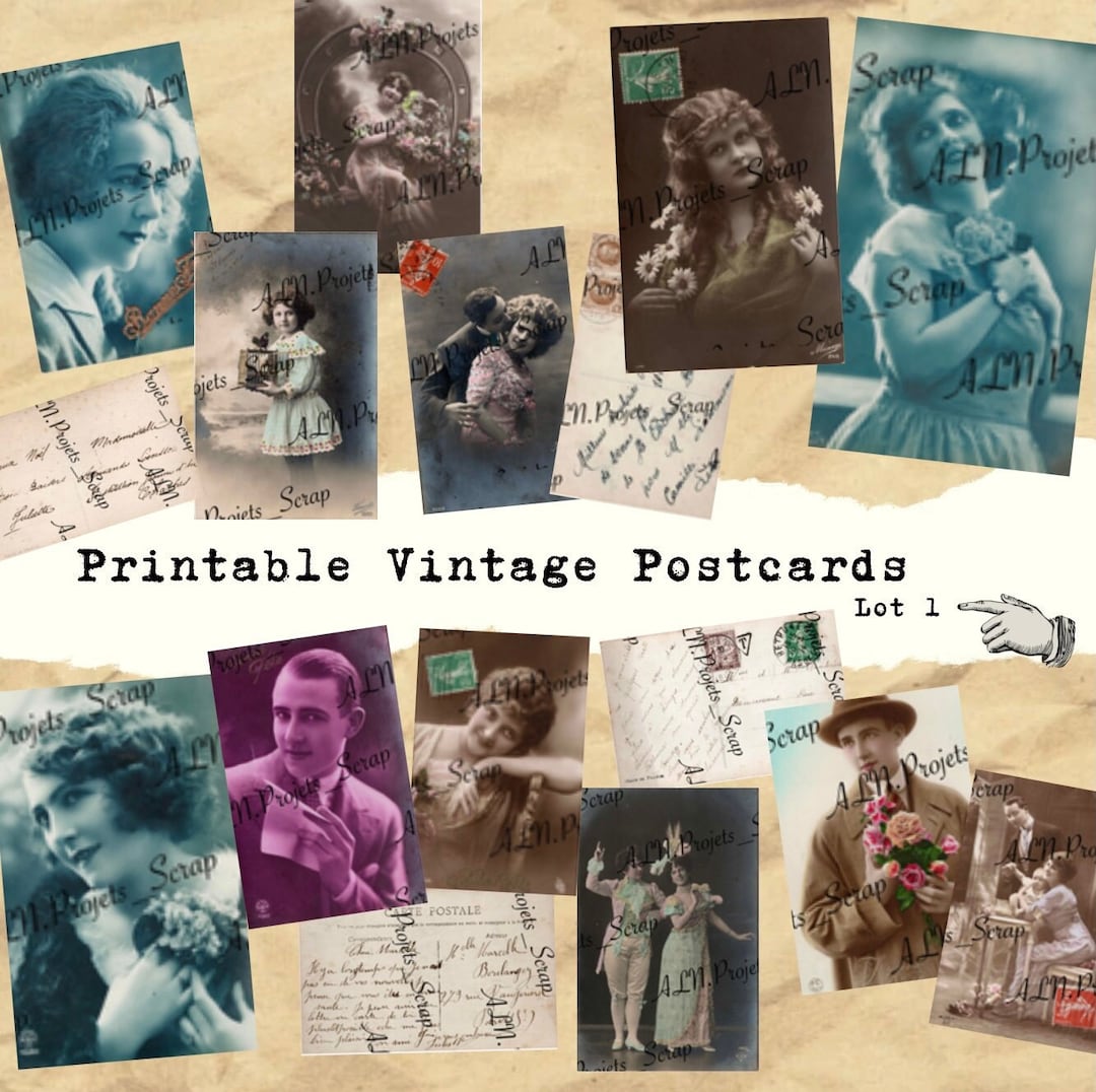 Printable Vintage Postcards, 12 Antique Cards, Set of 1 Full Color Digital File, Printable ...