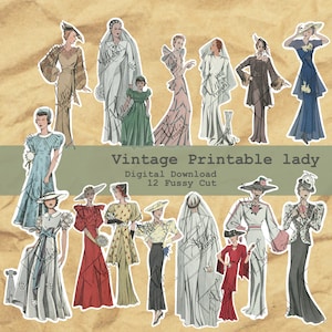 16 femmes  Vintage, 12 FUSSY CUT, Lot mode et mariage pour embellissement digital, imprimable, Cameo Ephemera, tickets, Scrap, ephemera