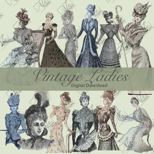 Femmes Vintage mode édouardien victorien, 12 FUSSY CUT, Lot mode 1885 pour embellissement digital, imprimable, Ephemera, tickets, Scrap