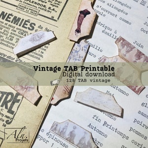 128 Tab vintage, onglets pour scrap, Lot d'embellissement digital, imprimer et découper, Ephemera, tickets, file folder kit, number tabs