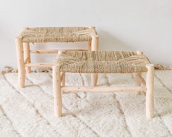 Solid Wood Bench, Moroccan Bench in Woven Straw for Natural Elegance,