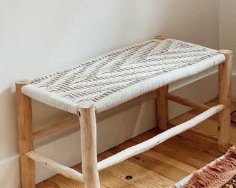 Solid Wood Bench Decorated with Braided Ropes for Natural Elegance, Moroccan Bar Stool in Laurel Wood with Fabric Seat
