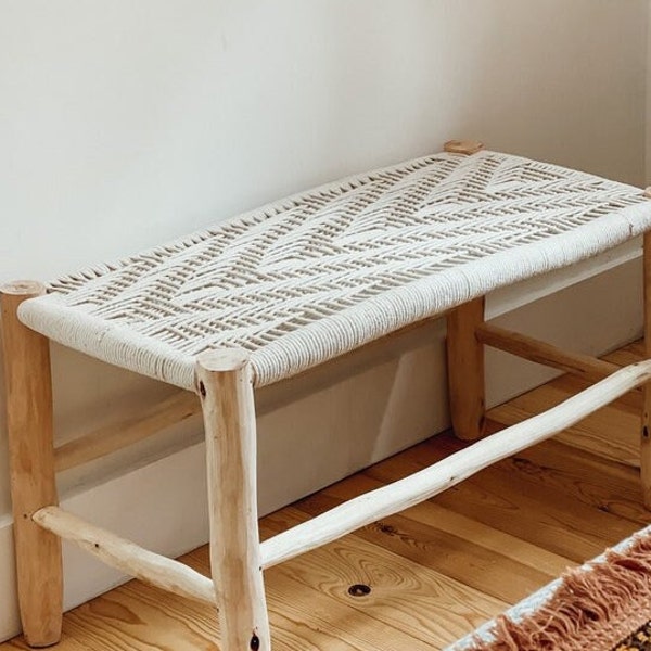 Banc en Bois Massif Ornée de Cordes Tressées pour une Élégance Naturelle,Tabouret de Bar Marocain en Bois de Laurier avec Assise en Tissu