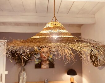 doum stro hanglamp kroonluchter, kroonluchter licht, rotan lampenkap, maximalistisch decor Boheemse geweven rieten palmblad hanglamp