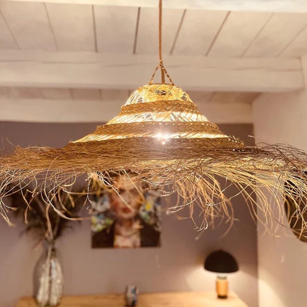 doum straw Pendant Light CHANDELIER, Chandelier Light, Rattan LAMPSHADE, Maximalist Decor  Bohemian Woven Wicker Palm Leaf Pendant Light