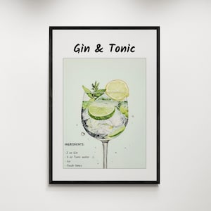 Gin Tonic Poster Cocktail télécharger affiche de cocktail classique rétro bar cart imprime bar cart décor cocktail impression rétro alcool impression
