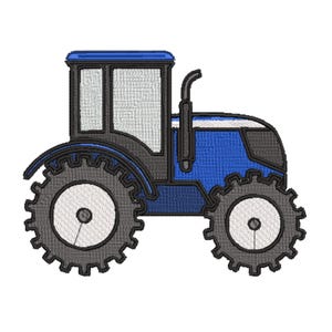Może przedstawiać: Ilustracja niebieskiego i szarego traktora. Traktor ma duże, szare, zębate koła, niebieski korpus i szarą kabinę. Rura wydechowa jest czarna. Idealny do haftu lub aplikacji.