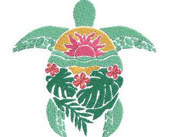 SEA TURTLE machine Embroidery Design, landscape embroidery, tortoise embroidery, ocean beach sunset embroidery, 8 sizes, all formats