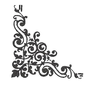 May include: A black and white corner design element featuring ornate scrollwork and floral motifs. The decorative graphic has a classic, vintage aesthetic, suitable for various design projects.