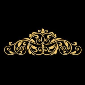 Può includere: Un design a filigrana dorata e ornata su sfondo nero. Il design simmetrico presenta motivi a spirale, foglie e un ornamento centrale, adatto per applicazioni decorative.